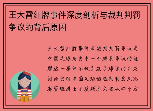 王大雷红牌事件深度剖析与裁判判罚争议的背后原因